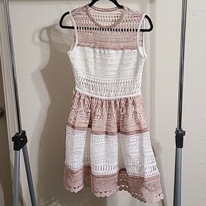 Alexis Embroidered Lace Melania Dress in White & Beige Small